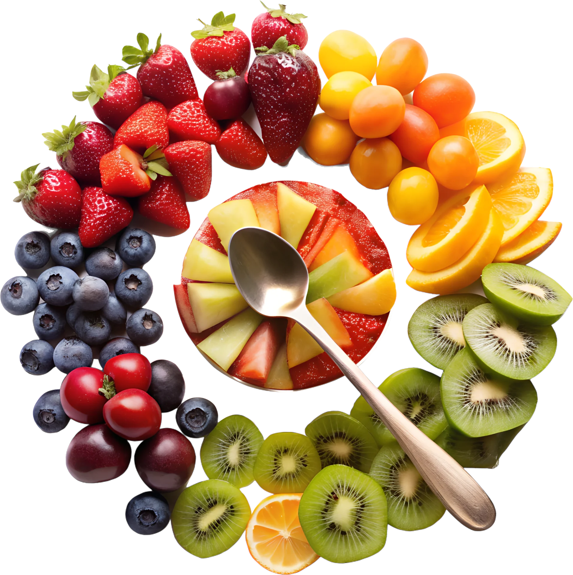 Owoce ułożone w koło: truskawki, borówki, wiśnie, kiwi, pomarańcze i morele, w środku miseczka z sałatką owocową i łyżeczka